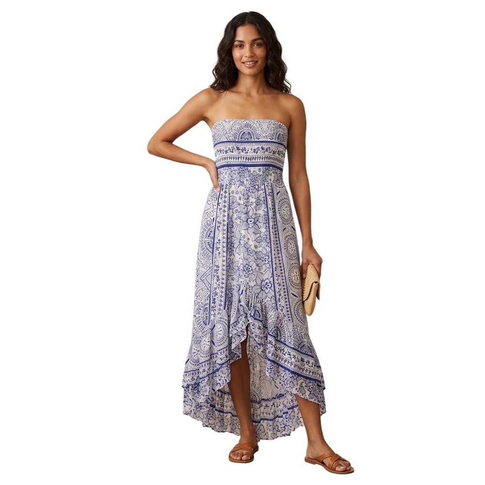 Anthropologie Jaase Paisley High Low Strapless Smocked Midi Dress L Boho Summer